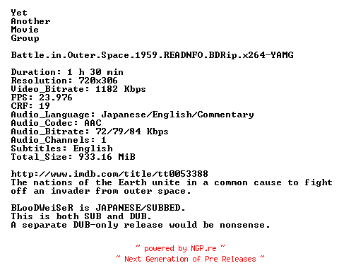 NFO for the release Battle.in.Outer.Space.1959.READNFO.BDRip.x264-YAMG by YAMG