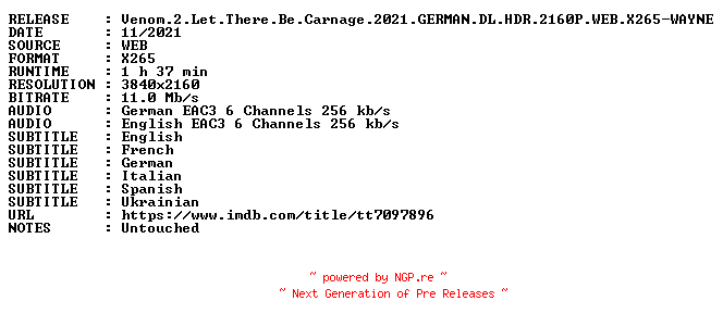 NFO for the release Venom.2.Let.There.Be.Carnage.2021.GERMAN.DL.HDR.2160P.WEB.X265-WAYNE by WAYNE
