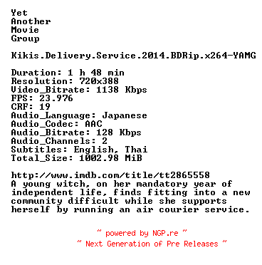 NFO for the release Kikis.Delivery.Service.2014.BDRip.x264-YAMG by YAMG