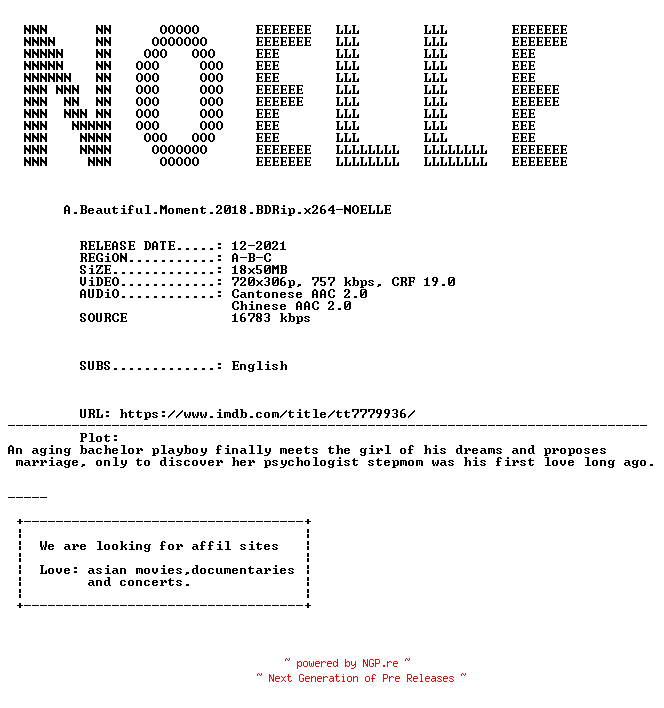 NFO for the release A.Beautiful.Moment.2018.BDRip.x264-NOELLE by NOELLE