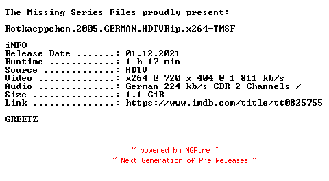 NFO for the release Rotkaeppchen.2005.GERMAN.HDTVRip.x264-TMSF by TMSF