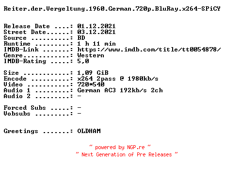 NFO for the release Reiter.der.Vergeltung.German.1960.AC3.BDRip.x264-SPiCY by SPiCY