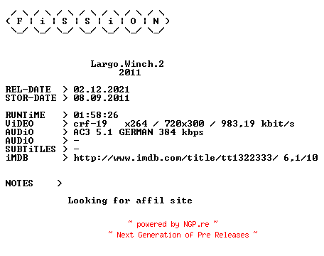 NFO for the release Largo.Winch.2.German.2011.BDRiP.x264.iNTERNAL-FiSSiON by FiSSiON