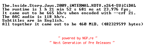 NFO for the release The.Inside.Story.Jaws.2009.iNTERNAL.HDTV.x264-SUiCiDAL by SUiCiDAL