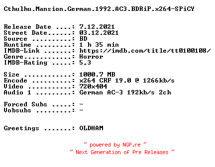 NFO for the release Cthulhu.Mansion.German.1992.AC3.BDRiP.x264-SPiCY by SPiCY