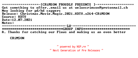 NFO for the release Christmas.Movie.Magic.2021.HDTV.x264-CRiMSON by CRiMSON