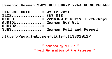 NFO for the release Demonic.German.2021.AC3.BDRiP.x264-ROCKEFELLER by ROCKEFELLER