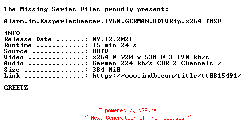 NFO for the release Alarm.im.Kasperletheater.1960.GERMAN.HDTVRip.x264-TMSF by TMSF