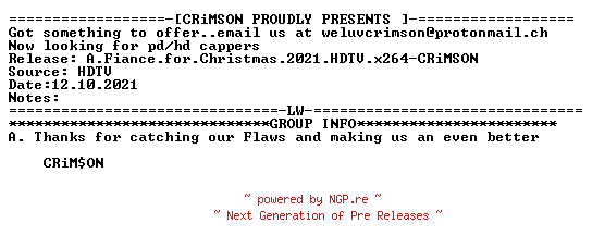 NFO for the release A.Fiance.for.Christmas.2021.HDTV.x264-CRiMSON by CRiMSON