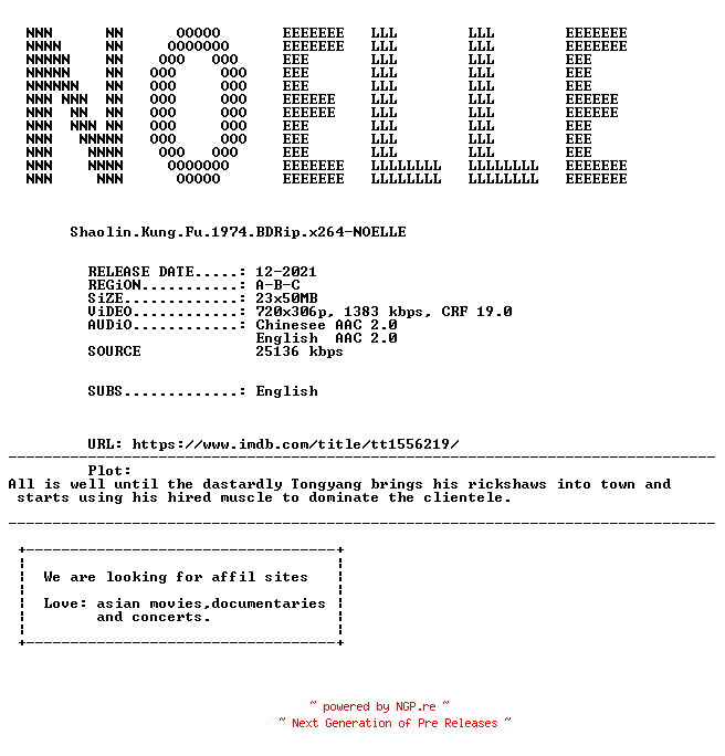 NFO for the release Shaolin.Kung.Fu.1974.iNTERNAL.BDRip.x264-NOELLE by NOELLE