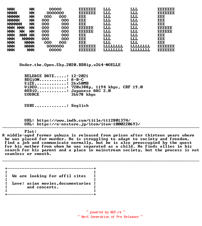 NFO for the release Under.the.Open.Sky.2020.BDRip.x264-NOELLE by NOELLE