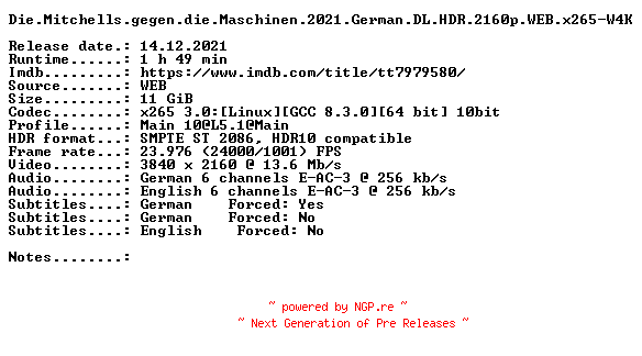 NFO for the release Die.Mitchells.gegen.die.Maschinen.2021.German.DL.HDR.2160p.WEB.x265-W4K by W4K