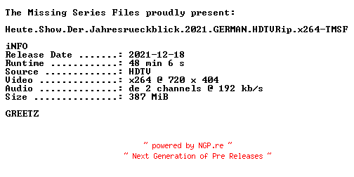 NFO for the release Heute.Show.Der.Jahresrueckblick.2021.GERMAN.HDTVRip.x264-TMSF by TMSF