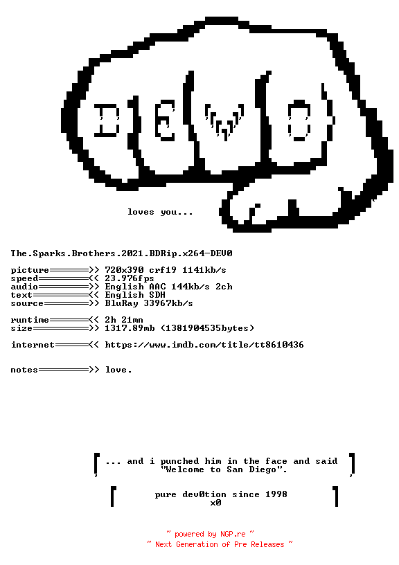NFO for the release The.Sparks.Brothers.2021.BDRip.x264-DEV0 by DEV0