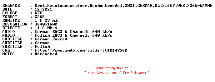 NFO for the release Drei.Haselnuesse.fuer.Aschenbroedel.2021.GERMAN.DL.2160P.WEB.X265-WAYNE by WAYNE