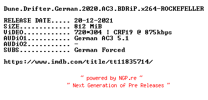 NFO for the release Dune.Drifter.German.2020.AC3.BDRiP.x264-ROCKEFELLER by ROCKEFELLER