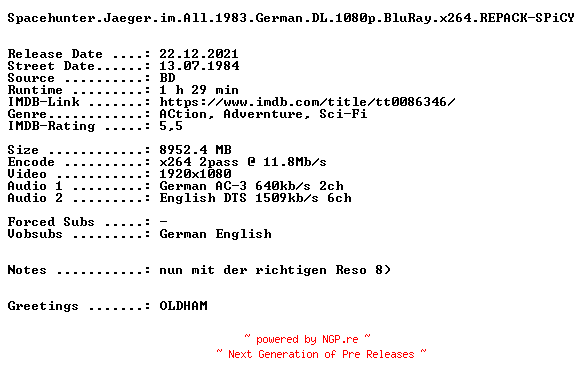 NFO for the release Spacehunter.Jaeger.im.All.1983.German.DL.1080p.BluRay.x264.RERiP-SPiCY by SPiCY