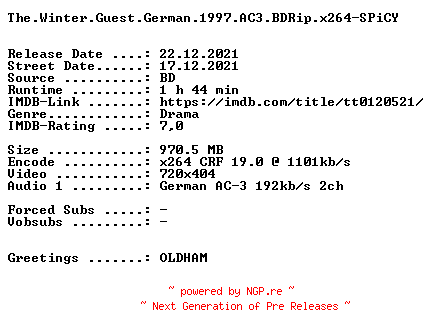 NFO for the release The.Winter.Guest.German.1997.AC3.BDRip.x264-SPiCY by SPiCY