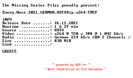 NFO for the release Zwerg.Nase.2021.GERMAN.HDTVRip.x264-TMSF by TMSF