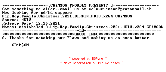 NFO for the release Hip.Hop.Family.Christmas.2021.DIRFIX.HDTV.x264-CRiMSON by CRiMSON