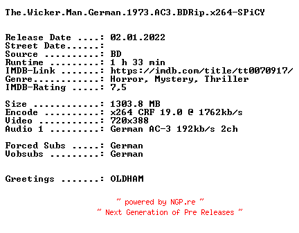 NFO for the release The.Wicker.Man.German.1973.AC3.BDRip.x264-SPiCY by SPiCY