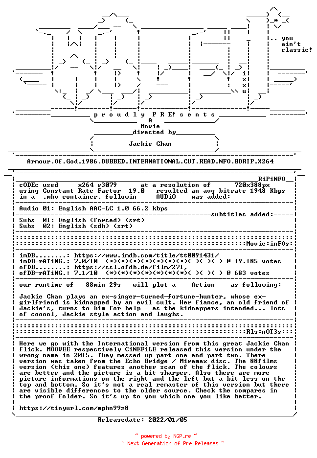 NFO for the release Armour.Of.God.1986.DUBBED.INTERNATIONAL.CUT.READ.NFO.BDRIP.X264-WATCHABLE by WATCHABLE