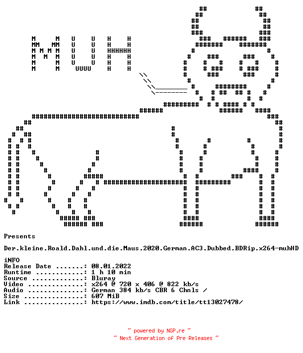 NFO for the release Der.kleine.Roald.Dahl.und.die.Maus.2020.German.AC3.Dubbed.BDRip.x264-muhHD by muhHD
