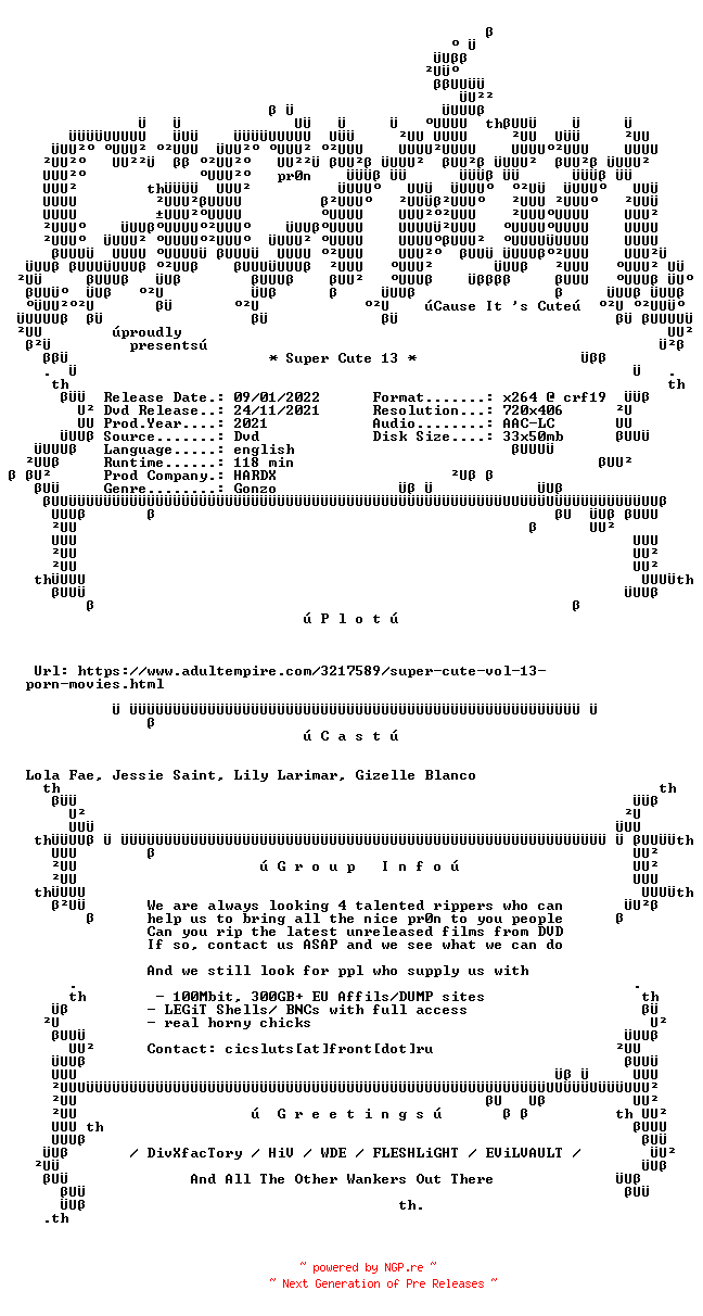 NFO for the release Super.Cute.13.XXX.DVDRip.x264-CiCXXX by CiCXXX