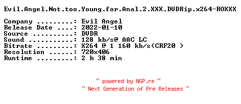 NFO for the release Evil.Angel.Not.too.Young.for.Anal.2.XXX.DVDRip.x264-ROXXX by ROXXX