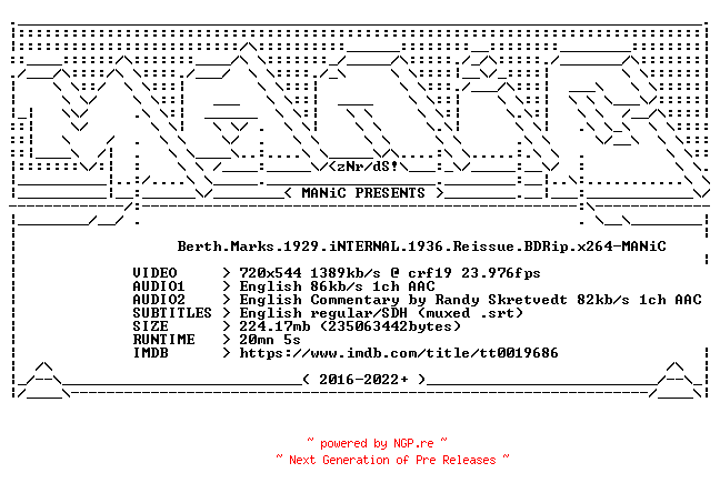NFO for the release Berth.Marks.1929.iNTERNAL.1936.Reissue.BDRip.x264-MANiC by MANiC