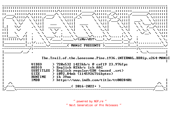 NFO for the release The.Trail.of.the.Lonesome.Pine.1936.iNTERNAL.BDRip.x264-MANiC by MANiC