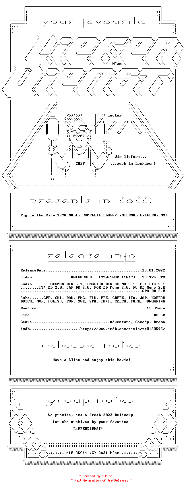 NFO for the release Pig.in.the.City.1998.MULTi.COMPLETE.BLURAY.iNTERNAL-LiEFERDiENST by LiEFERDiENST