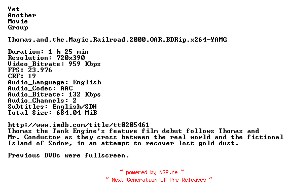 NFO for the release Thomas.and.the.Magic.Railroad.2000.OAR.BDRip.x264-YAMG by YAMG