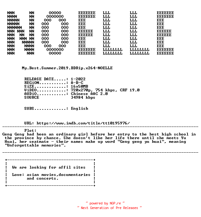 NFO for the release My.Best.Summer.2019.BDRip.x264-NOELLE by NOELLE