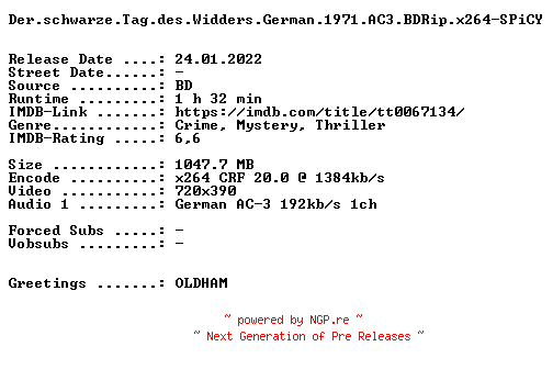 NFO for the release Der.schwarze.Tag.des.Widders.German.1971.AC3.BDRip.x264-SPiCY by SPiCY