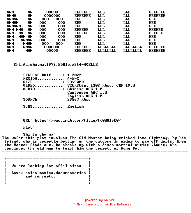 NFO for the release Shi.Fu.Chu.Ma.1979.iNTERNAL.BDRip.x264-NOELLE by NOELLE