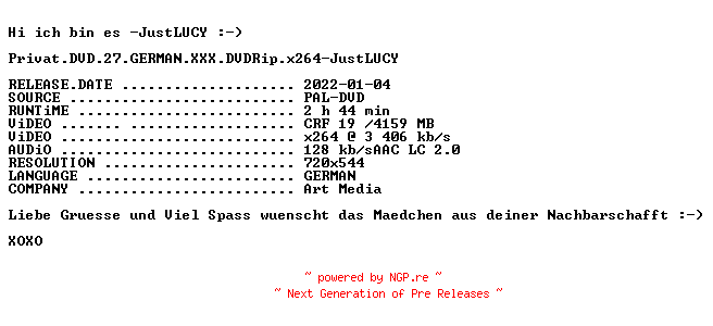 NFO for the release Privat.DVD.27.GERMAN.XXX.DVDRip.x264-JustLUCY by JustLUCY