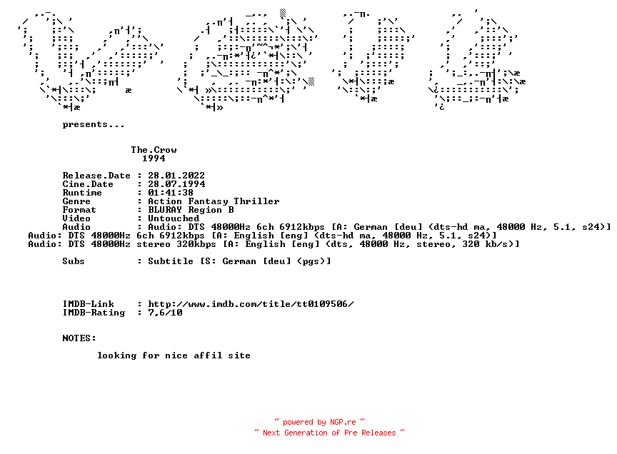 NFO for the release The.Crow.1994.DUAL.COMPLETE.BLURAY.iNTERNAL-VEiL by VEiL