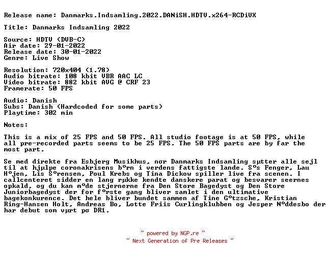 NFO for the release Danmarks.Indsamling.2022.DANiSH.HDTV.x264-RCDiVX by RCDiVX