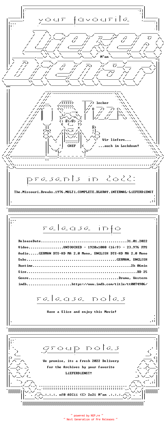 NFO for the release The.Missouri.Breaks.1976.MULTi.COMPLETE.BLURAY.iNTERNAL-LiEFERDiENST by LiEFERDiENST