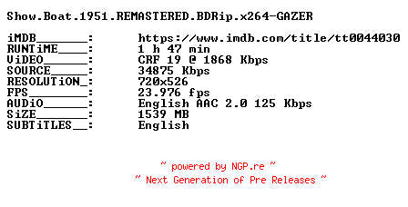 NFO for the release Show.Boat.1951.REMASTERED.BDRip.x264-GAZER by GAZER
