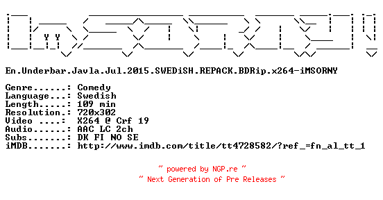 NFO for the release En.Underbar.Javla.Jul.2015.SWEDiSH.REPACK.BDRip.x264-iMSORNY by iMSORNY