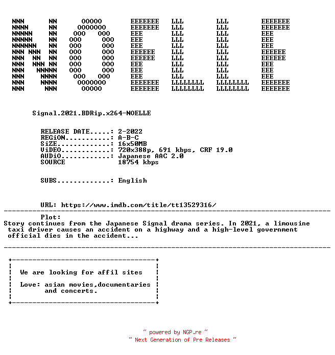 NFO for the release Signal.2021.BDRip.x264-NOELLE by NOELLE