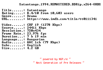 NFO for the release Satantango.1994.REMASTERED.BDRip.x264-ORBS by ORBS