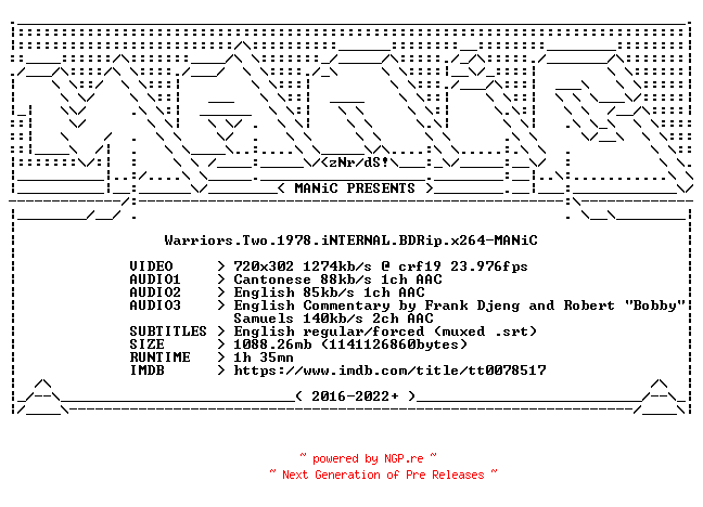 NFO for the release Warriors.Two.1978.iNTERNAL.BDRip.x264-MANiC by MANiC