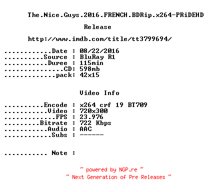 NFO for the release The.Nice.Guys.2016.FRENCH.BDRip.x264-PRiDEHD by PRiDEHD