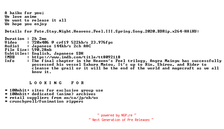 NFO for the release Fate.Stay.Night.Heavens.Feel.III.Spring.Song.2020.BDRip.x264-HAiKU by HAiKU