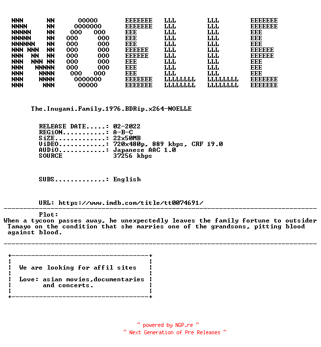 NFO for the release The.Inugami.Family.1976.iNTERNAL.BDRip.x264-NOELLE by NOELLE