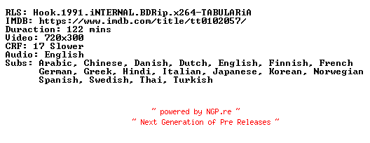 NFO for the release Hook.1991.iNTERNAL.BDRip.x264-TABULARiA by TABULARiA