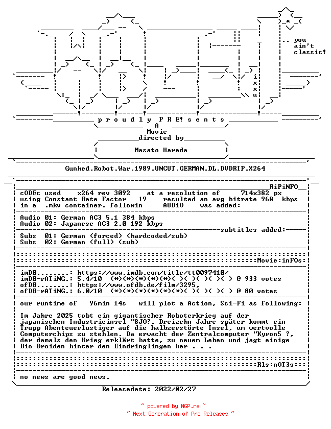 NFO for the release Gunhed.Robot.War.1989.UNCUT.GERMAN.DL.DVDRIP.X264-WATCHABLE by WATCHABLE